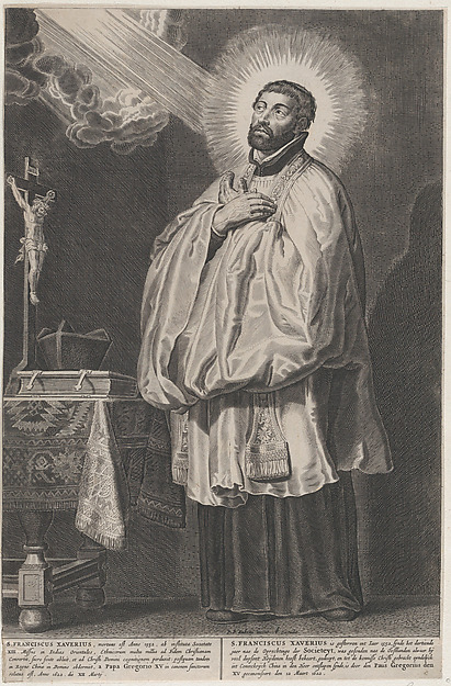 Anonymous, Saint Francis Xavier with a divine light emanating towards him from the upper left, with a crucifix, mitre, and book on a table at left