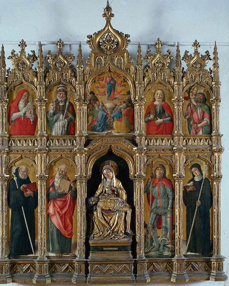Bartolomeo Vivarini, Virgin and the Dead Christ with the Ascension and Saints