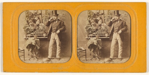 Unknown, [Well-dressed man in top hat twirling his moustache, two women gazing at him through an open window]