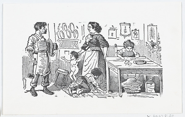 José Guadalupe Posada, A domestic scene with a mother holding her child's hand while talking to her husband