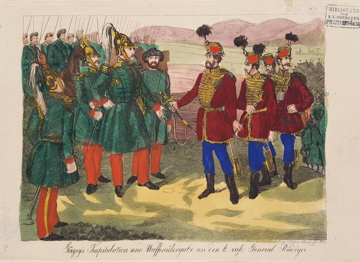 Anonym, Kapitulation des ungarischen Insurrektions-Kriegsministers Arthur Györgey bei Vilagos am 13. August 1849 vor dem russischen General Friedrich von Rüdiger