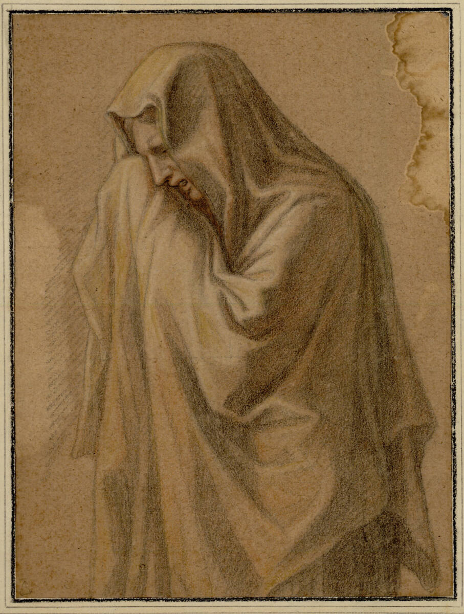 Anonym, Mater Dolorosa. (Kniestück, nach links; sie trocknet sich mit dem Mantel die Tränen)