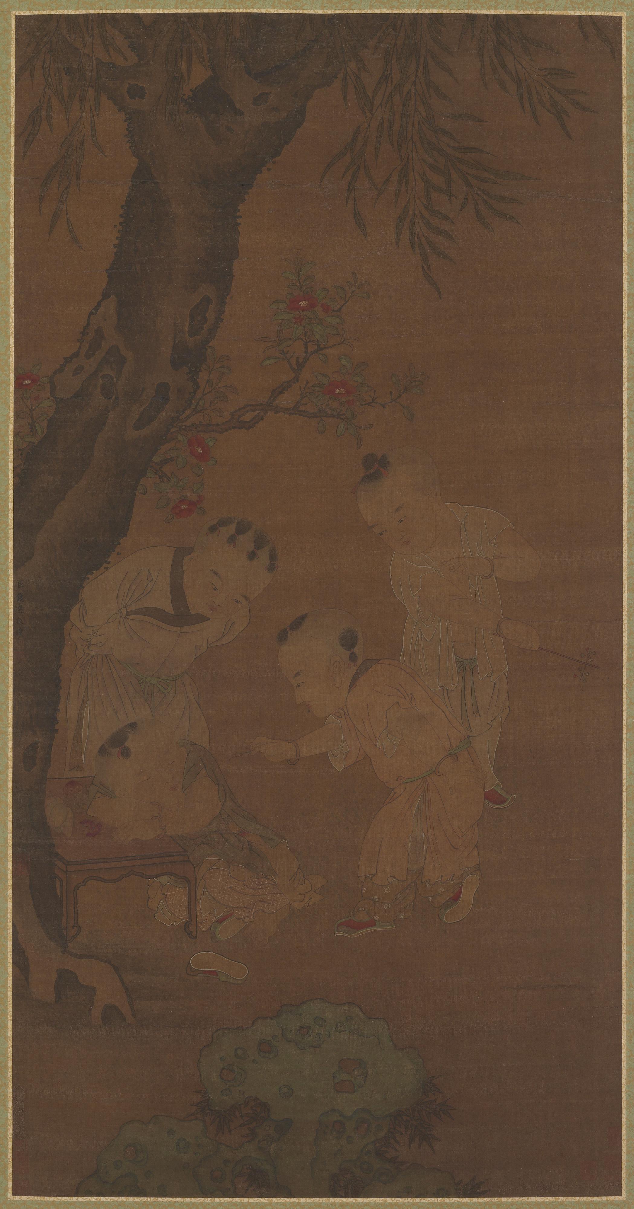 Formerly attributed to Qian Xuan, Four children under a willow tree