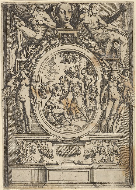 Battista Angolo del Moro, The Judgment of Paris; man seated at left reaches out to a woman who is flanked by two others, set within an elaborate frame