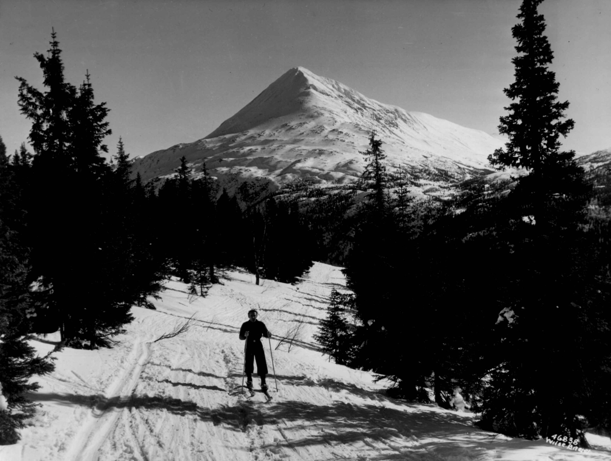 Anders Beer Wilse, Landskap ved Gaustatoppen med skiløper. Snødekte fjell.