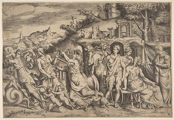 Giulio Bonasone, The story of Jason and Medea at the left she carries off her son, in the middle she is shown in her madness, Jason stands at the right