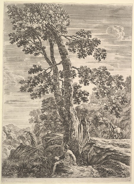 Stefano della Bella, A fisherman leaning against a large tree, a woman walking next to a horse in the background, from "Four large landscapes" (Quatre grands paysages en hauteur)