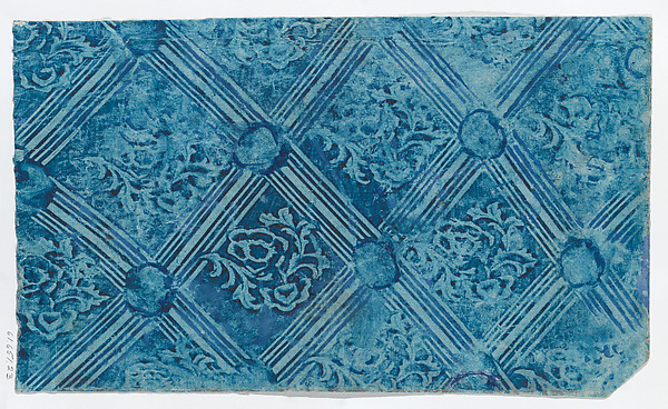 Anonymous, Paste paper with blue stripe and floral pattern