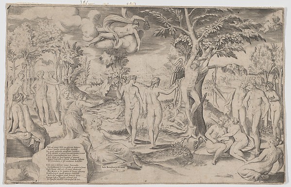 Giulio Bonasone, Cupid in the Elysian Fields tied to a tree in the centre, surrounded by many figures