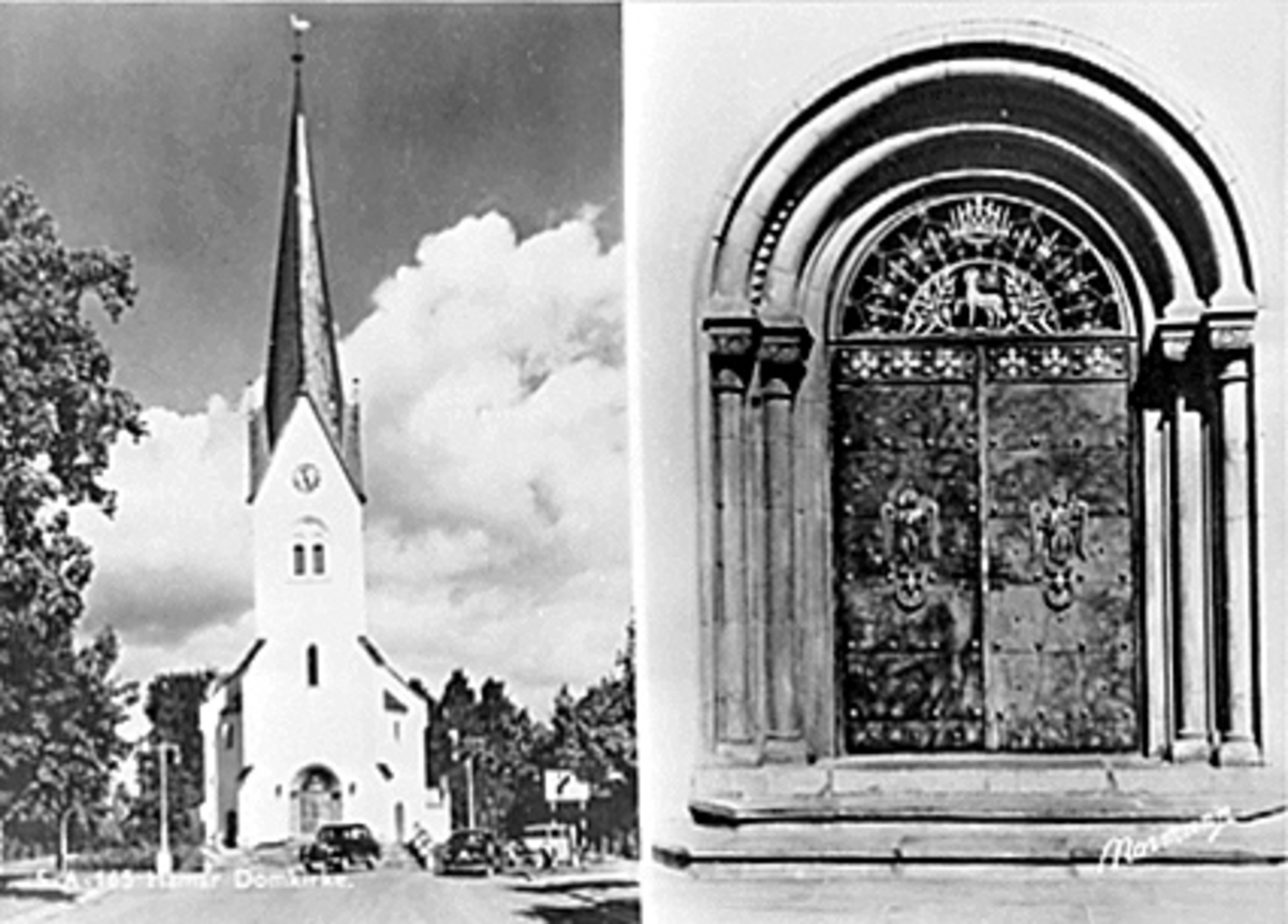 Anno Domkirkeodden, 2-DELT PROSPEKTKORT, , EKSTERIØR HAMAR DOMKIRKE OG SYD PORTAL, KIRKEDØRA.