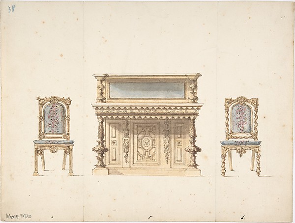 Anonymous, British, 19th century, Design for a Mirrored Cabinet and Two Chairs