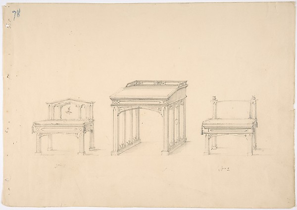 Anonymous, British, 19th century, Design for a Gothic Desk and Two Low Chairs