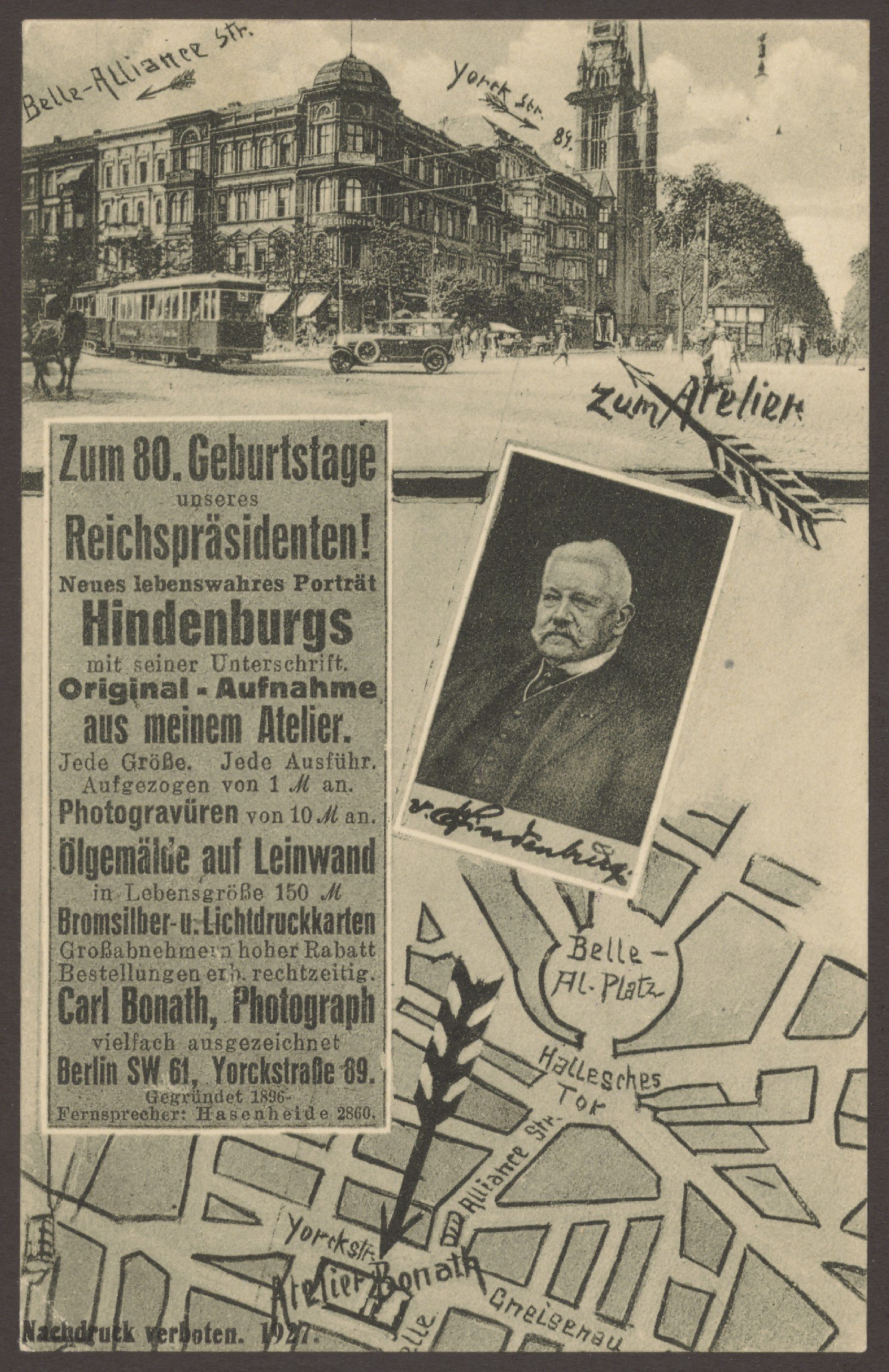 Groß & Waldmann, Ansichtskarte „Zum 80. Geburtstage unseres Reichspräsidenten!“, Atelier Bonath, Yorckstraße 89