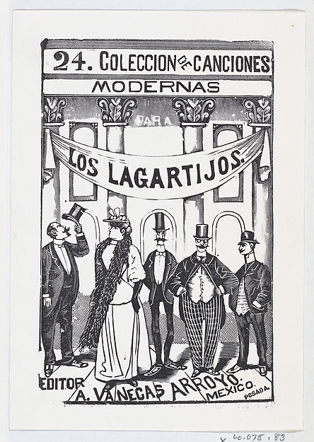 José Guadalupe Posada, Four men and one woman in fine clothes standing in a line under a banner, illustration for 'Los Lagartijos (The Dandies)'