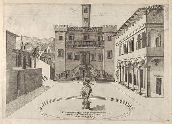 Anonymous, View of the Capitoline Hill during Michelangelo's restoration, the equestrian monument of Marcus Aurelius in the center, from "Speculum Romanae Magnificentiae"