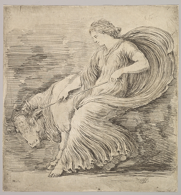 Stefano della Bella, A woman in profile pulling back on a rope tied around the horns of a young bull