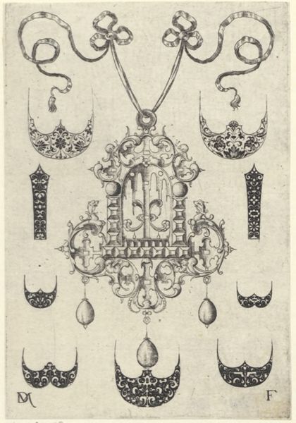 Mignot, Daniel, (active 1593-1596), (printmaker), Ornamental pendants: Pendant surrounded by seven shields and two ornamental bands