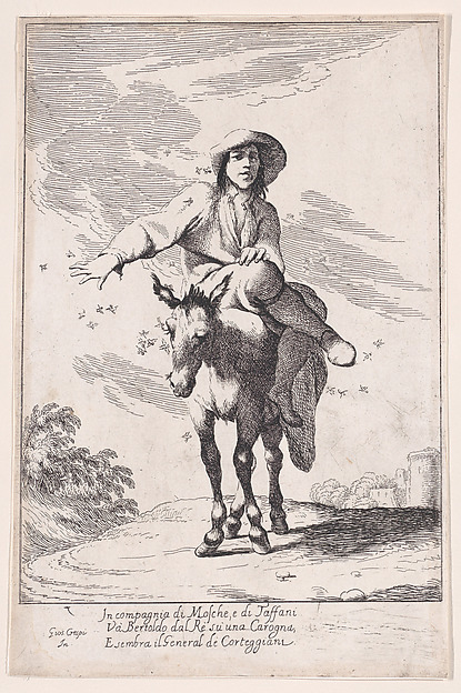 Giuseppe Maria Crespi, Plate 1: Bertoldo riding a donkey, from "Bertoldo, Bertoldino, and Cacasenno"