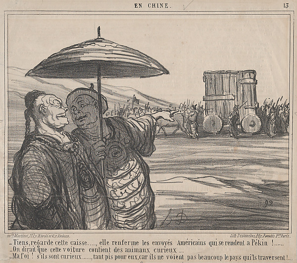 Honoré Daumier, Tiens, regarde cette caisse...., elle renferme les envoyés Américains qui se rendent a Pékin!...., from En Chine, published in Le Charivari, October 4, 1859