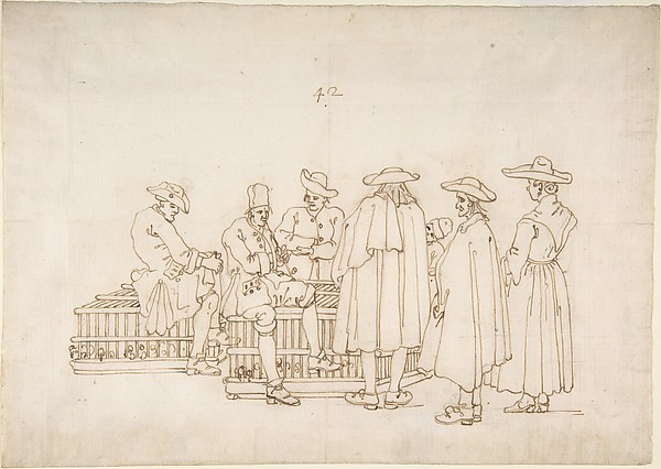 Bernardo Bellotto, A Group of Figures Surrounding Two Bird-coops