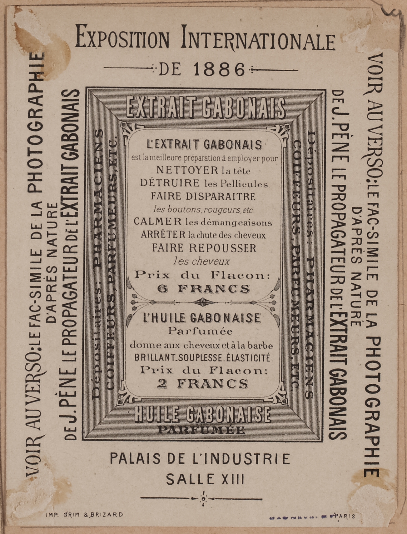 Anonyme, Prospectus de l'Exposition internationale de 1886 sur l'Extrait gabonnais avec le portrait de J. Pène.