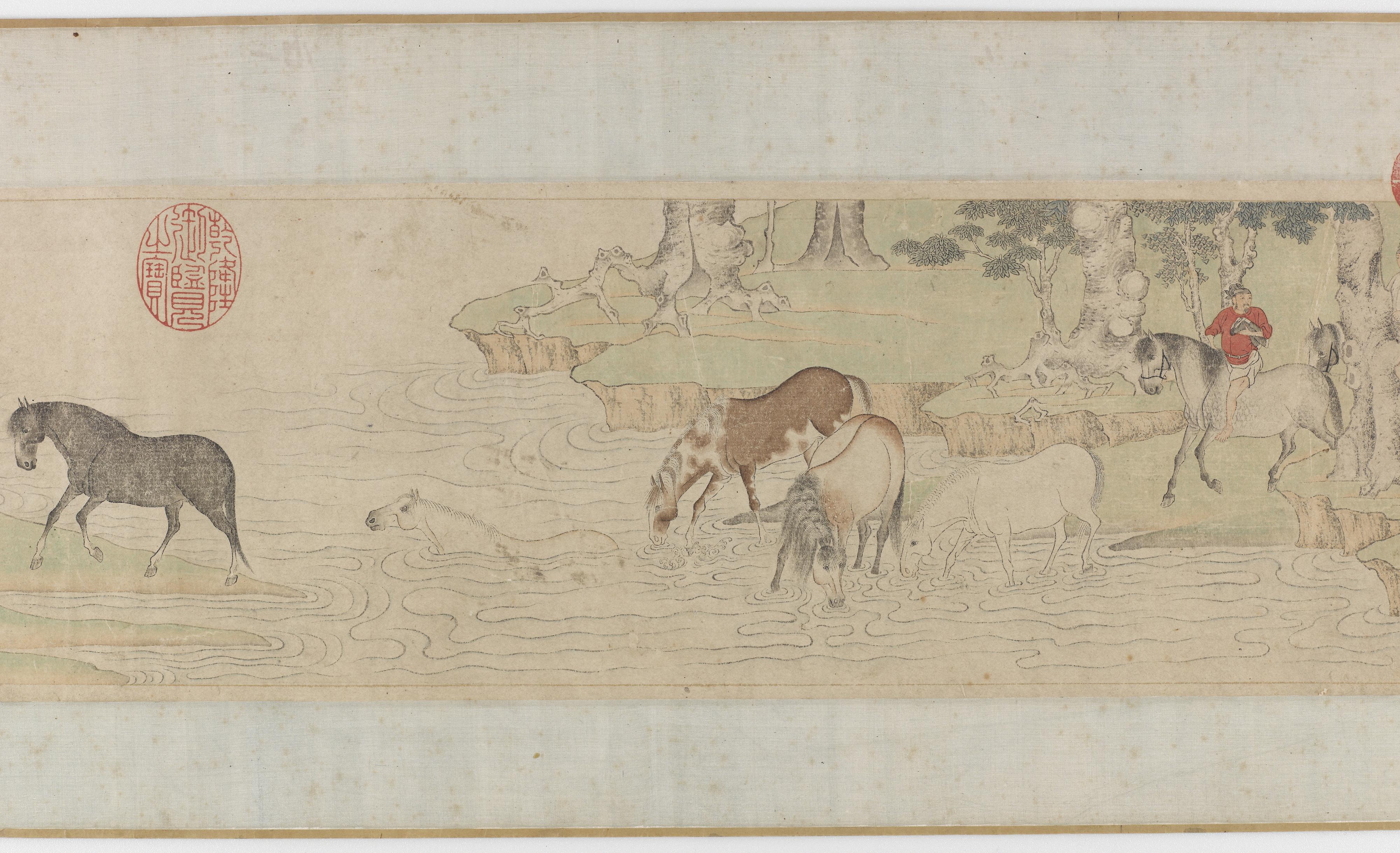 Traditionally attributed to Zhao Mengfu, Horses and grooms crossing a river