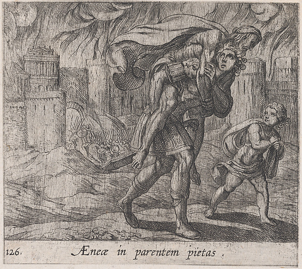 Antonio Tempesta, Plate 126: Aeneas and Anchises (AEnea in perentem pietas), from Ovid's 'Metamorphoses'