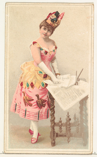 W. Duke, Sons & Co., Actress pointing to page in newspaper, from Stars of the Stage, Second Series (N130) issued by Duke Sons & Co. to promote Honest Long Cut Tobacco
