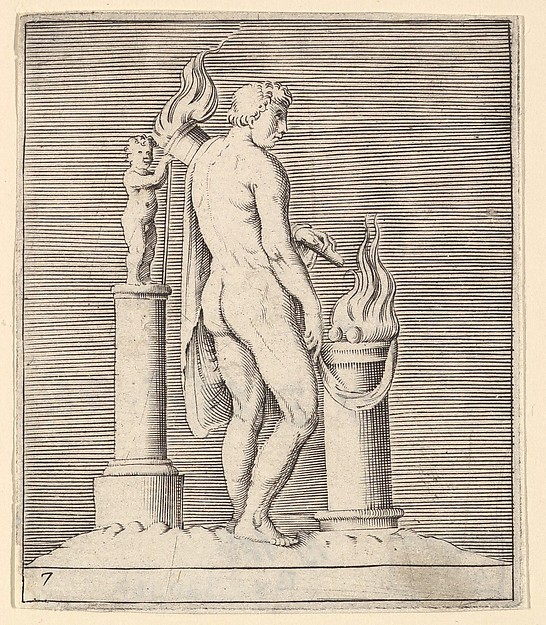 Anonymous, Italian, 16th century, Man with Torch between Flaming Altar and Statuette, from "Ex Antiquis Cameorum et Gemmae Delineata/ Liber Secundus/et ab Enea Vico Parmen Incis"