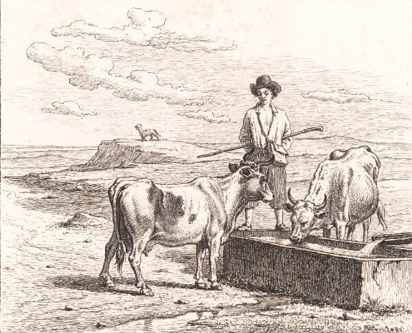Martinus Rørbye, En hyrdedreng ved et vandingstrug. Illustrion til Chr. Winther "Femogtyve Billeder for små Børn"