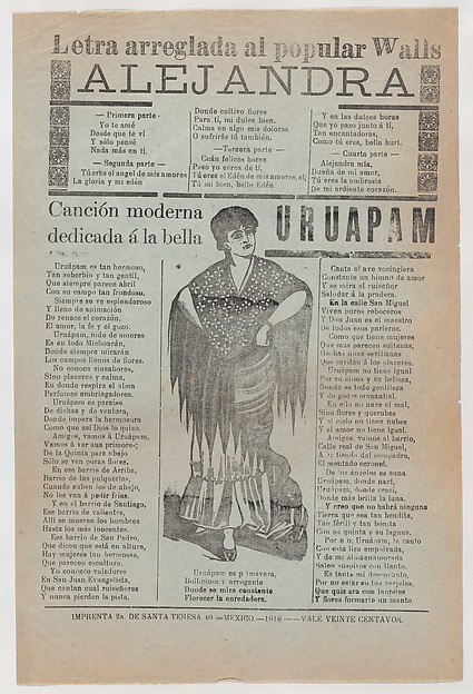José Guadalupe Posada, Broadsheet with two love ballads about desirable women, a woman wearing a shawl and a skirt with her hands placed on her hips