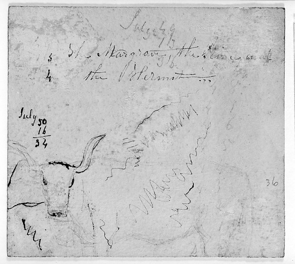 James McNeill Whistler, Mathmatical Computaions; Sketch of a Steer; Partial Unidentified Text (from Sketchbook)
