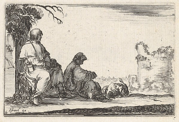 Stefano della Bella, Plate 6: Two seated pilgrims and one laying down to left, a tower in ruins to right in the background, from "Caprice faict par de la Bella"