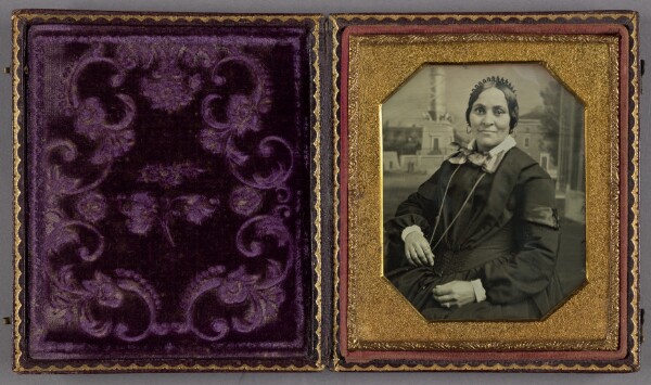 Unknown, [Woman with Painted Backdrop of Monument Square in Baltimore]