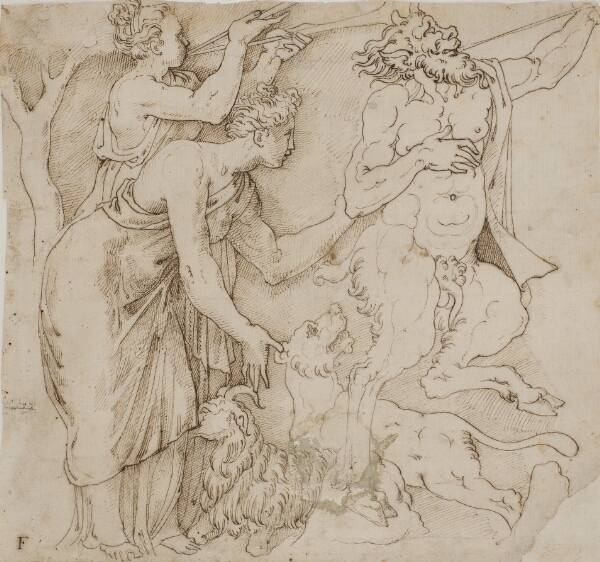 Giulio Romano, En satyr, to kvinder, en løve og en ged