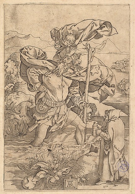 Marcantonio Raimondi, Saint Christopher crossing the river with Christ in the form of a putto on his shoulders and a hermit in the foreground