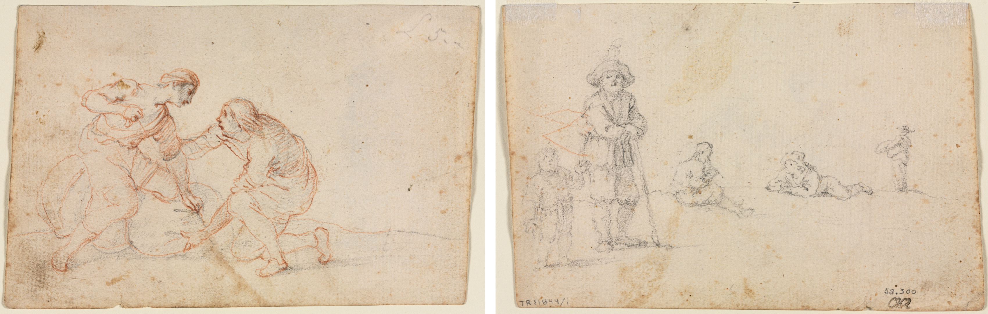 Anonymous, Two Men Tying a Bundle (recto) Five Figure Studies (verso)
