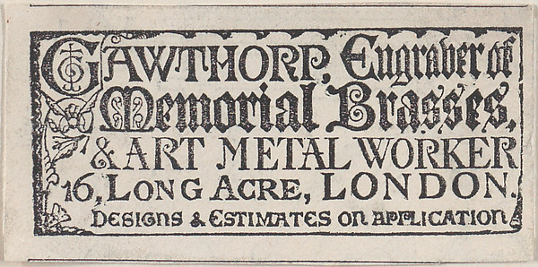 Anonymous, British, 19th century, Trade card for Gawthorp, Engraver and Art Metal worker