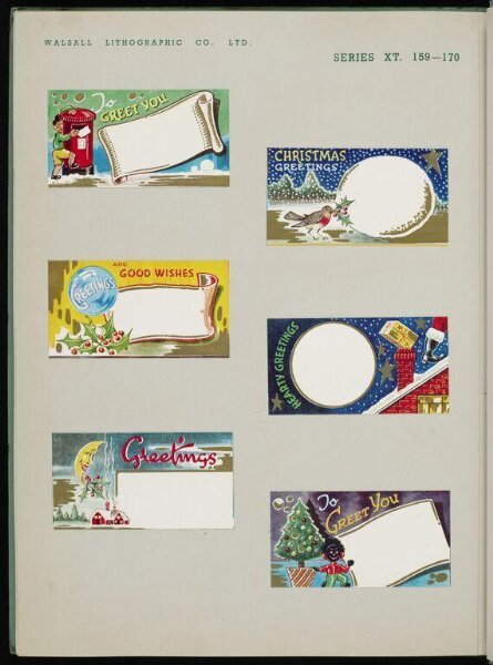 Unknown, Sample book in 14 sheets including covers, loose  bound with cotton cord, of Christmas gift cards and  tags produced by Walsall Lithographic Co. Ltd.,  Walsall, Manchester & London.  c.1950