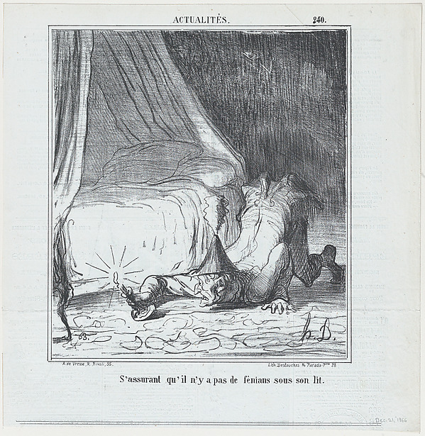Honoré Daumier, S'assurant qu'il n'y a pas de féniant sous son lit, from Actualités, published in Le Charivari, December 21, 1866