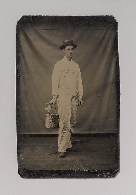 Unknown, [Painter in Paint-spattered Overalls with Brushes and Paint Can]