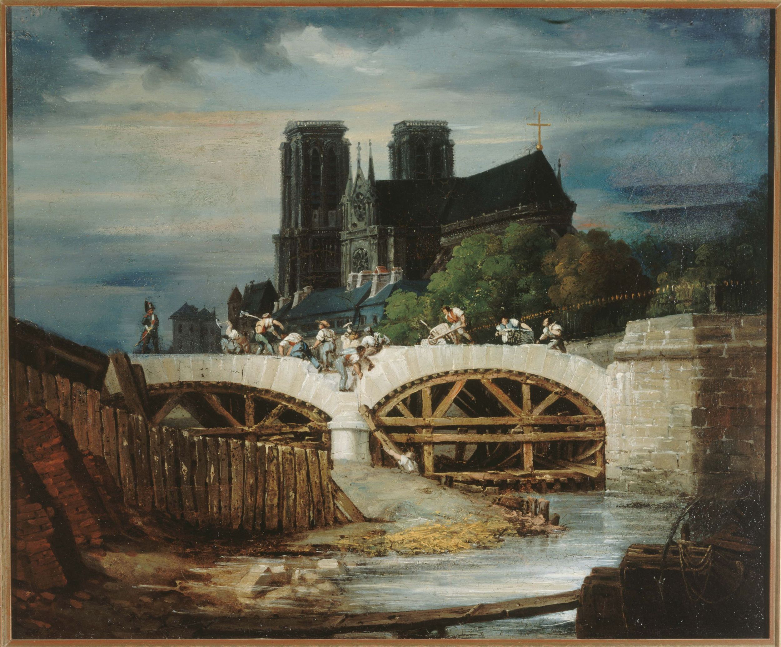 Anonyme, Construction du pont de l'Archevêché, vers 1828