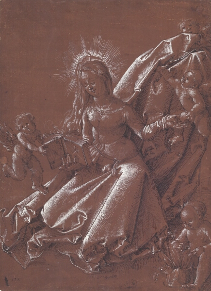 Hans Baldung Grien, Jomfru Maria siddende på jorden, læsende i en bog, omgivet af engle, hvoraf én hjælper med at holde bogen, en anden rækker Jomfruen et æble. F.n.t.h ses Jesus-barnet legende med en liljekonval i en potte.