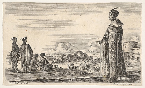 Stefano della Bella, A Polish man in a long robe standing at right in profile, facing left, other Polish men to left, groups of horsemen to left in background and a castle to right in background, from "Various figures and lands" (Diverse figure e paesi)