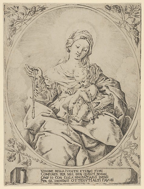 Anonymous, The Virgin seated holding a rosary in her right hand, the infant Christ on her lap holding several rosaries, in an oval frame with flowers surrounding it and a tablet with inscription at the base