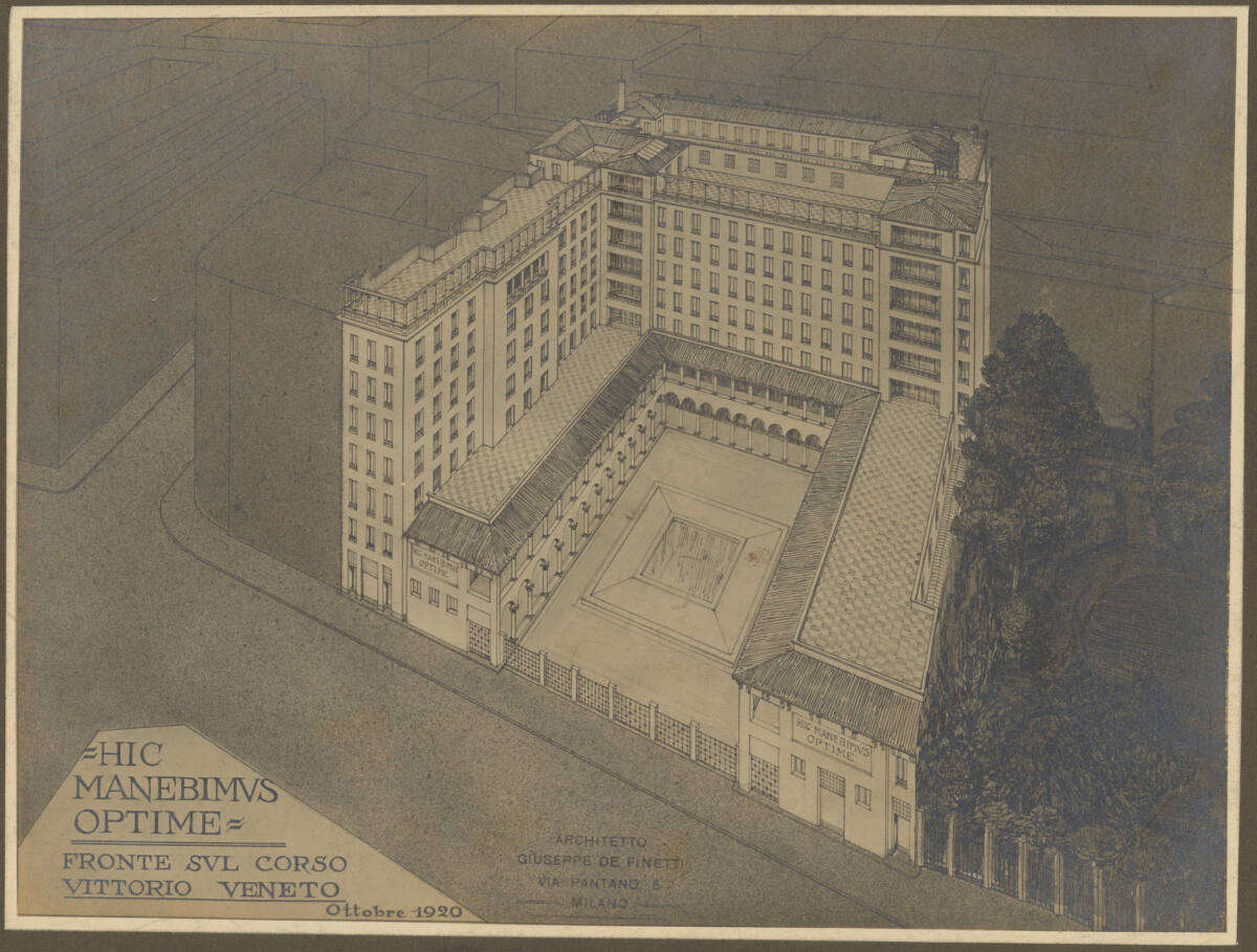 Anonym, Projekt für Grand Hotel "Hic Manebimus Optime", Mailand, Fassade am Corso Vittorio Veneto, Perspektive
