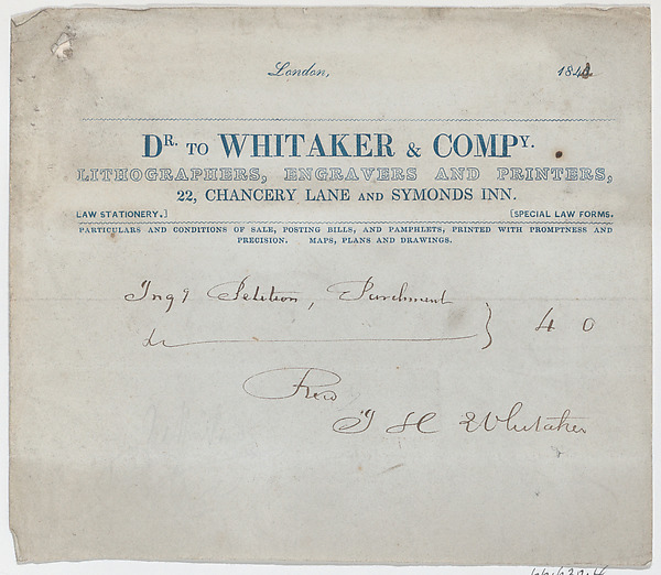 Anonymous, British, 19th century, Trade Card for Dr. Whitaker & Co., Lithogravers, Engravers and Printers
