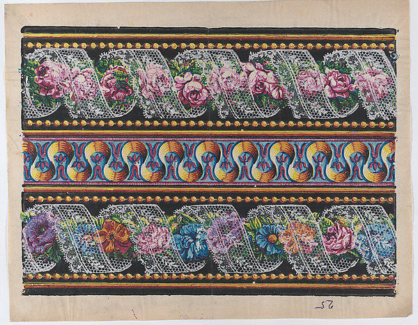 Anonymous, Sheet with a border with floral garlands and lace on a black background
