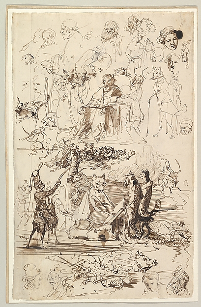 Wilhelm von Kaulbach, Sheet of Studies, Including for Reineke Fuchs; verso: Studies of Soldiers and of a Battle in a Wood