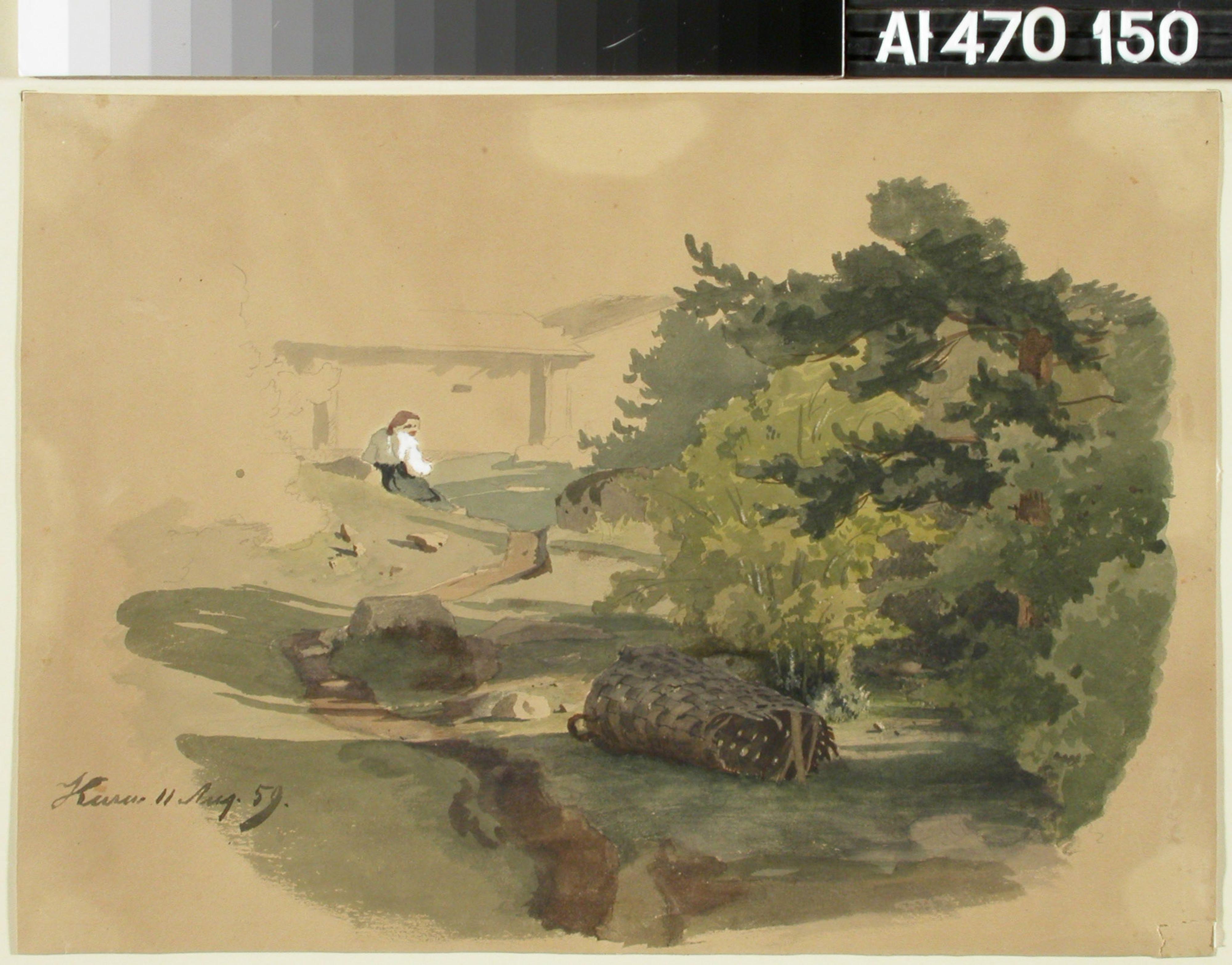 Werner Holmberg, Landscape with Shingle Basket and Woman Sitting
